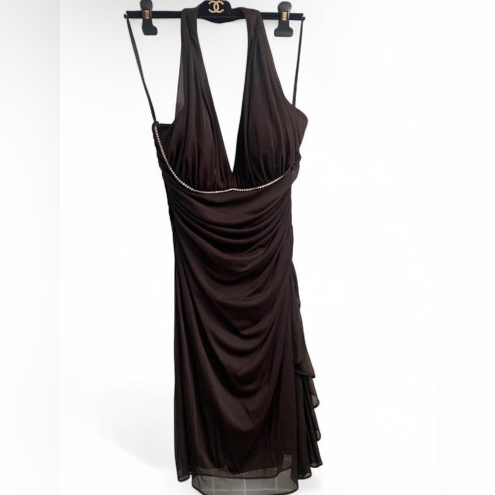 Betsy & Adam Elegant Brown Halter ruched rhinestone y2k Dress size 12 #y2k